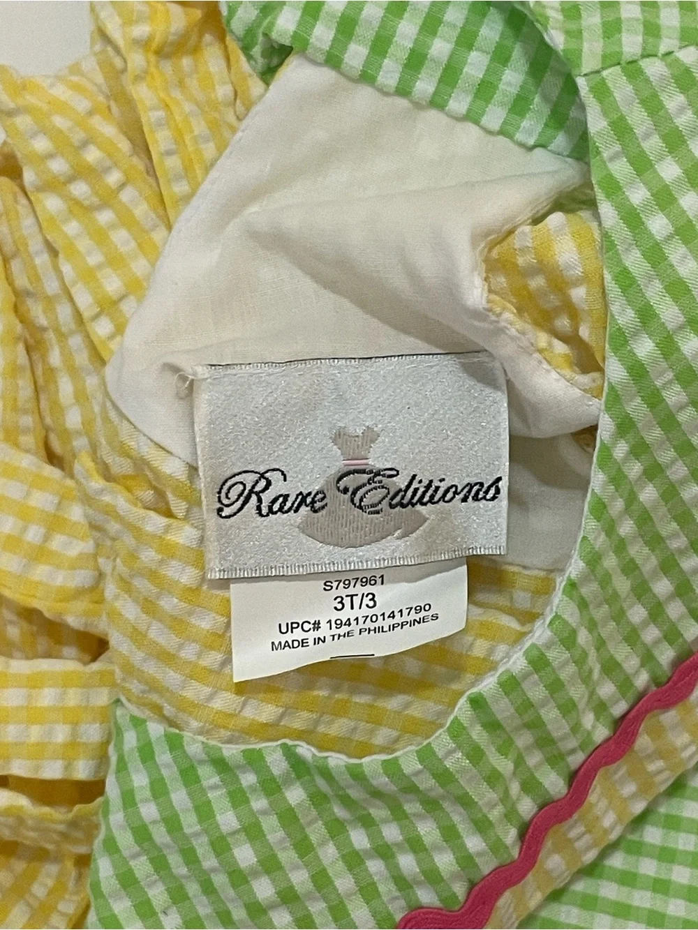 Rare Editions Yellow & Green Gingham Floral Appliqué Dress